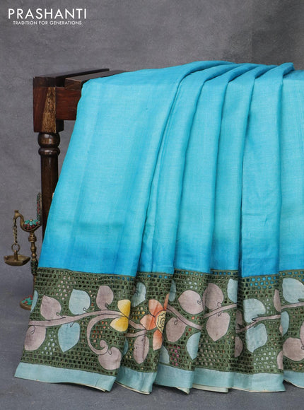 Pure tussar silk saree light blue with plain body and kalamkari printed cut work pallu