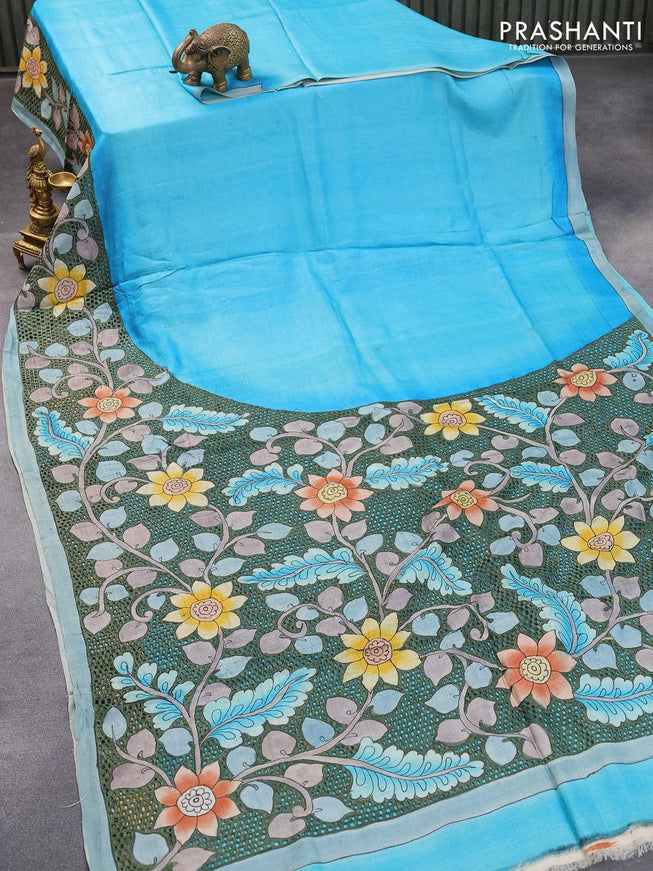 Pure tussar silk saree light blue with plain body and kalamkari printed cut work pallu