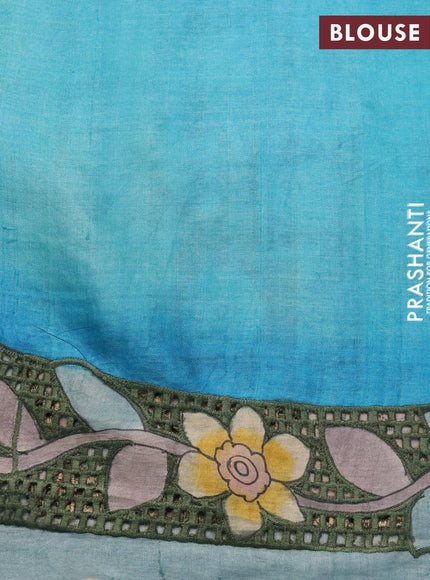 Pure tussar silk saree light blue with plain body and kalamkari printed cut work pallu