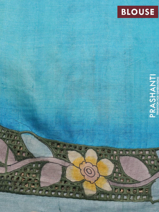 Pure tussar silk saree light blue with plain body and kalamkari printed cut work pallu