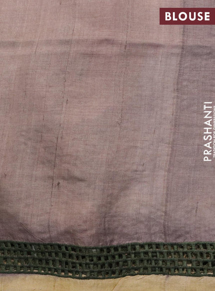 Pure tussar silk saree grey shade with plain body and kalamkari printed cut work pallu