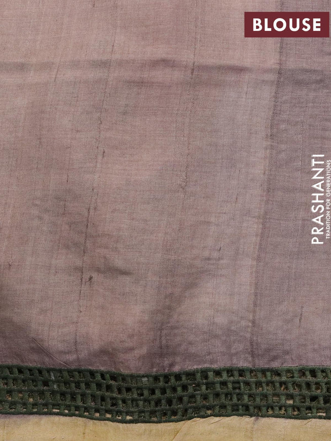 Pure tussar silk saree grey shade with plain body and kalamkari printed cut work pallu