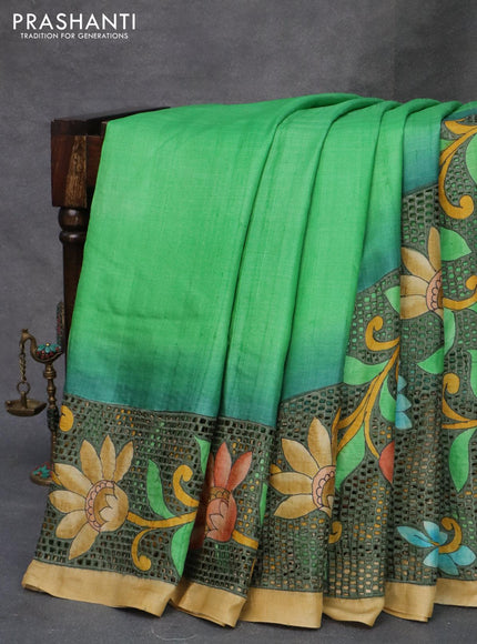 Pure tussar silk saree light green with plain body and kalamkari printed cut work pallu