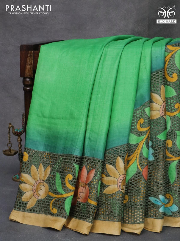 Pure tussar silk saree light green with plain body and kalamkari printed cut work pallu