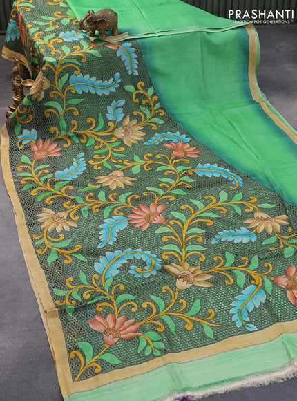 Pure tussar silk saree light green with plain body and kalamkari printed cut work pallu