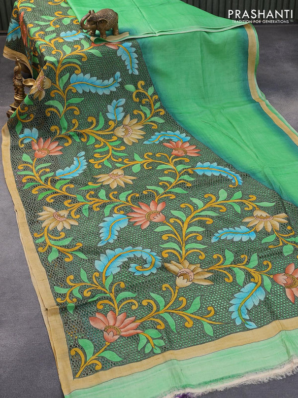 Pure tussar silk saree light green with plain body and kalamkari printed cut work pallu