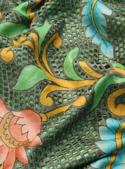 Pure tussar silk saree light green with plain body and kalamkari printed cut work pallu