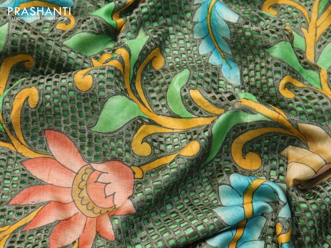 Pure tussar silk saree light green with plain body and kalamkari printed cut work pallu