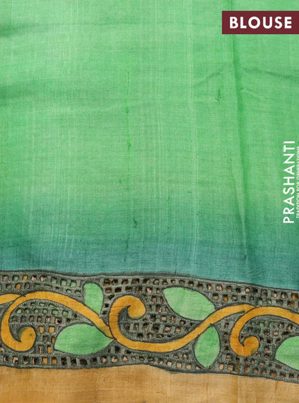 Pure tussar silk saree light green with plain body and kalamkari printed cut work pallu