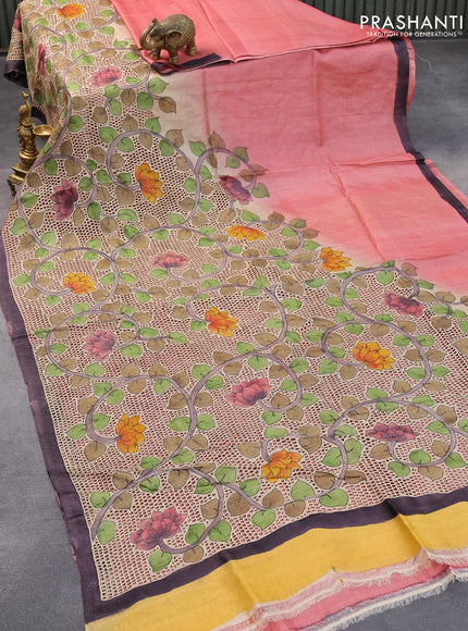 Pure tussar silk saree peach pink and wine shade with plain body and kalamkari printed cut work pallu