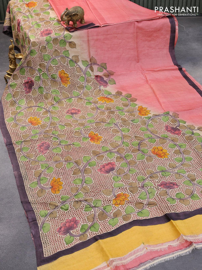 Pure tussar silk saree peach pink and wine shade with plain body and kalamkari printed cut work pallu