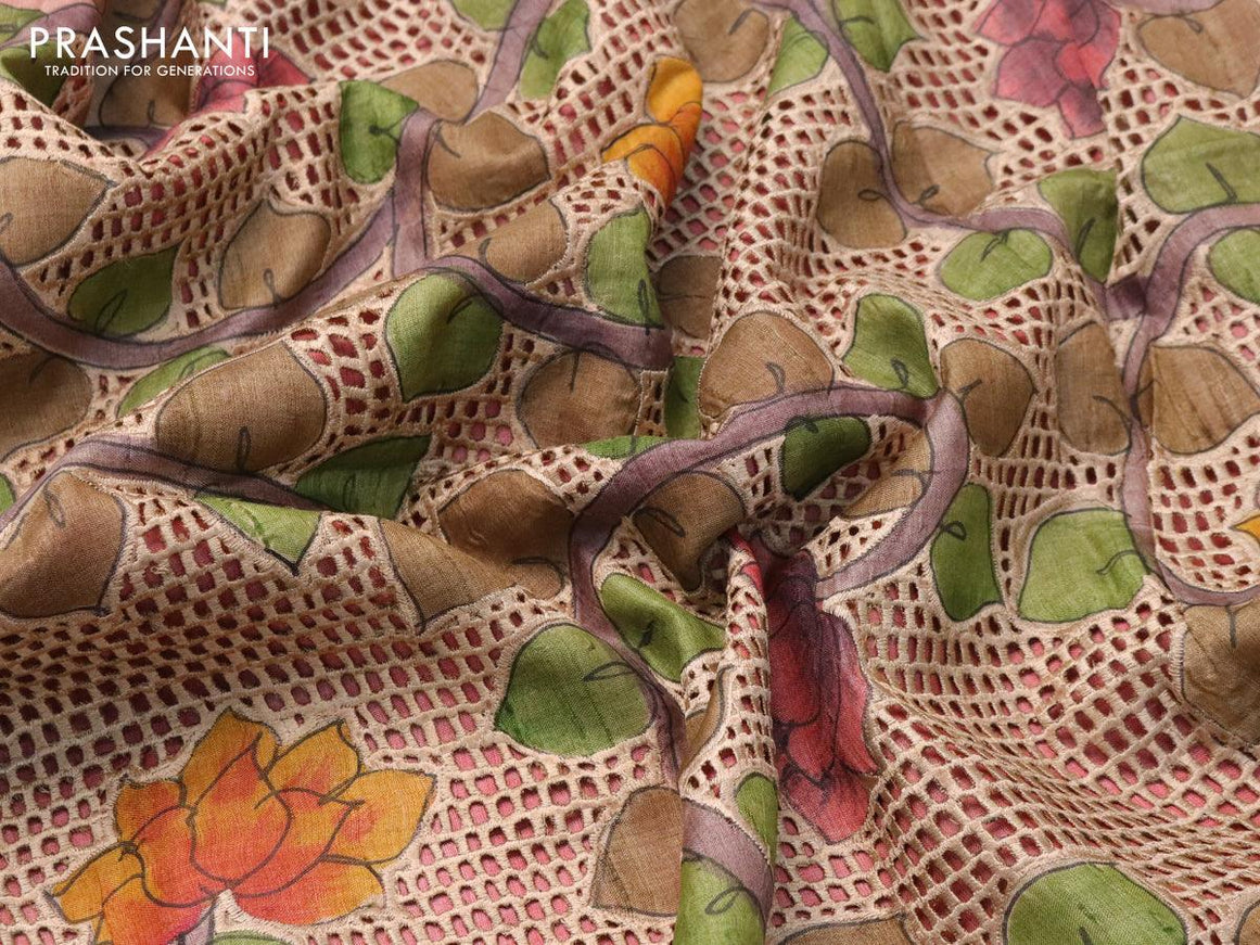 Pure tussar silk saree peach pink and wine shade with plain body and kalamkari printed cut work pallu