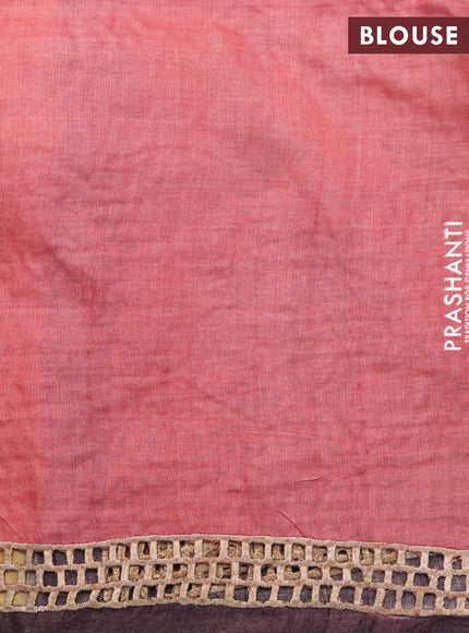 Pure tussar silk saree peach pink and wine shade with plain body and kalamkari printed cut work pallu