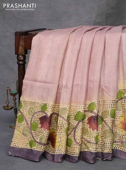 Pure tussar silk saree pastel pink and deep jamun shade with plain body and kalamkari printed cut work pallu