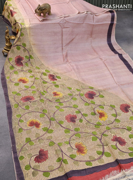 Pure tussar silk saree pastel pink and deep jamun shade with plain body and kalamkari printed cut work pallu