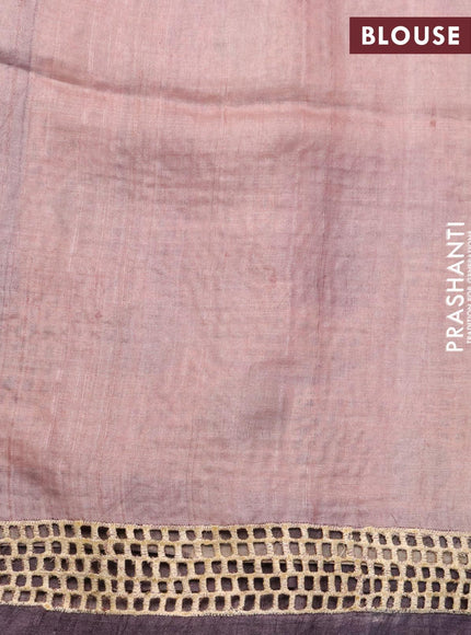 Pure tussar silk saree pastel pink and deep jamun shade with plain body and kalamkari printed cut work pallu