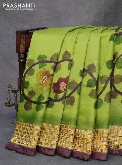 Pure tussar silk saree light green and wine shade with kalamkari prints & cut work and cut work border