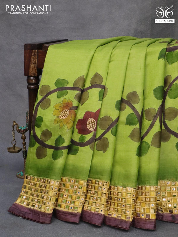 Pure tussar silk saree light green and wine shade with kalamkari prints & cut work and cut work border