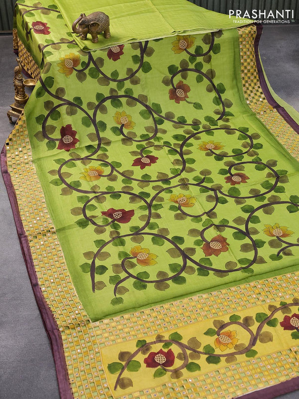 Pure tussar silk saree light green and wine shade with kalamkari prints & cut work and cut work border