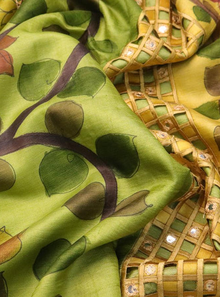 Pure tussar silk saree light green and wine shade with kalamkari prints & cut work and cut work border