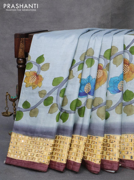 Pure tussar silk saree pastel grey and wine shade with kalamkari prints & cut work and cut work border