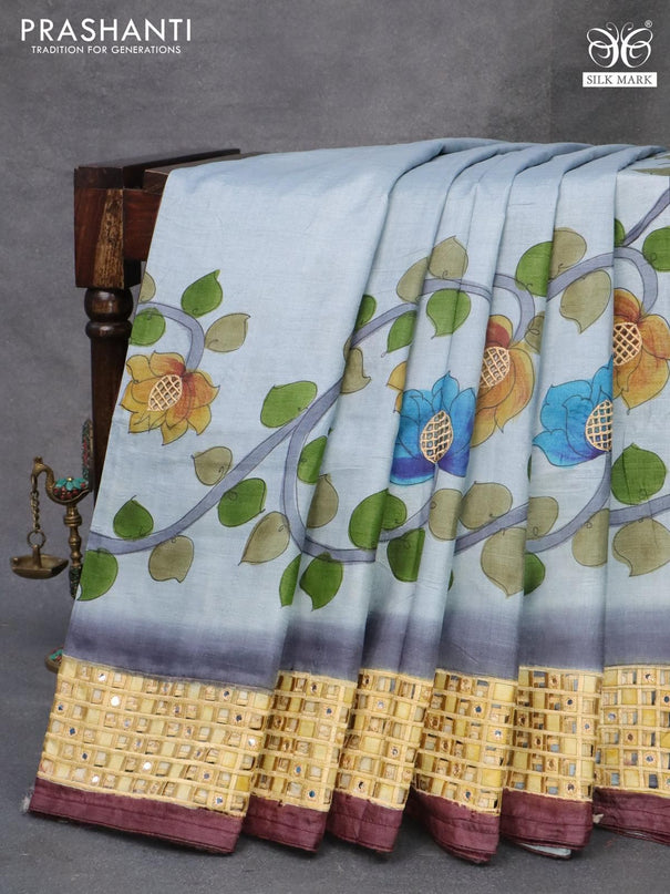 Pure tussar silk saree pastel grey and wine shade with kalamkari prints & cut work and cut work border