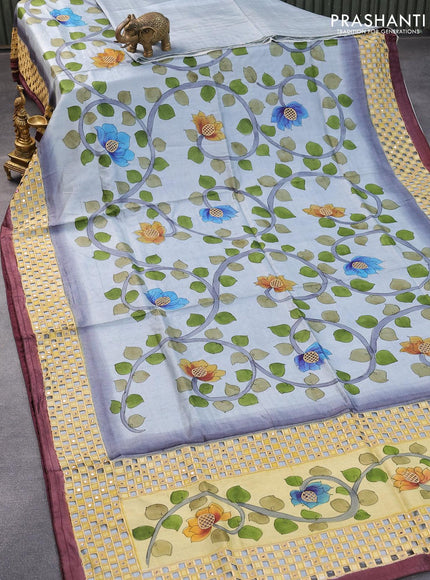 Pure tussar silk saree pastel grey and wine shade with kalamkari prints & cut work and cut work border