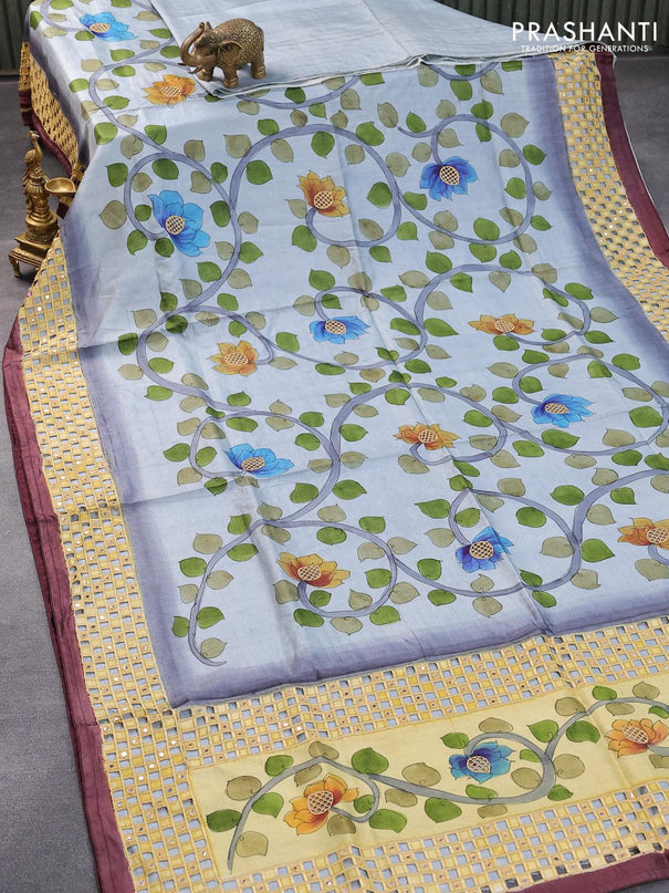 Pure tussar silk saree pastel grey and wine shade with kalamkari prints & cut work and cut work border