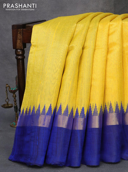 Pure dupion silk saree yellow and blue with plain body and temple design zari woven simple border