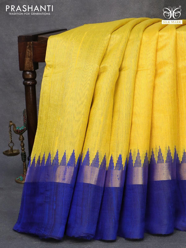 Pure dupion silk saree yellow and blue with plain body and temple design zari woven simple border