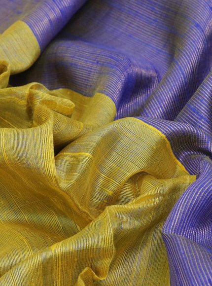 Pure dupion silk saree yellow and blue with plain body and temple design zari woven simple border