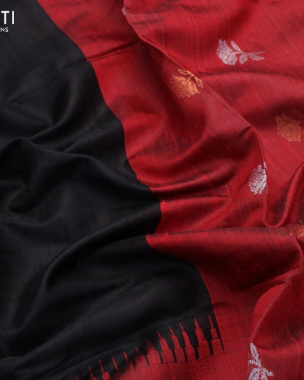 Pure dupion silk saree black and red with plain body and zari woven border