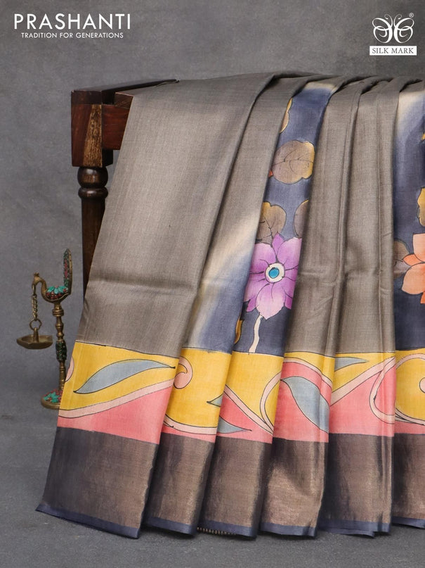 Pure tussar silk saree grey and navy blue with floral hand painted prints and zari woven border