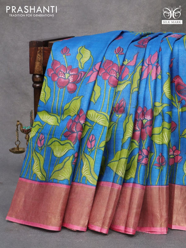 Pure tussar silk saree cs blue and pink shade with allover prints and zari woven border