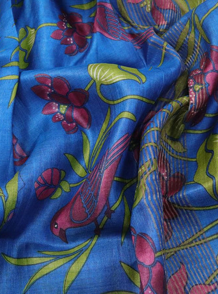 Pure tussar silk saree cs blue and pink shade with allover prints and zari woven border