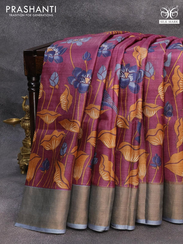 Pure tussar silk saree wine shade and grey with allover prints and zari woven border