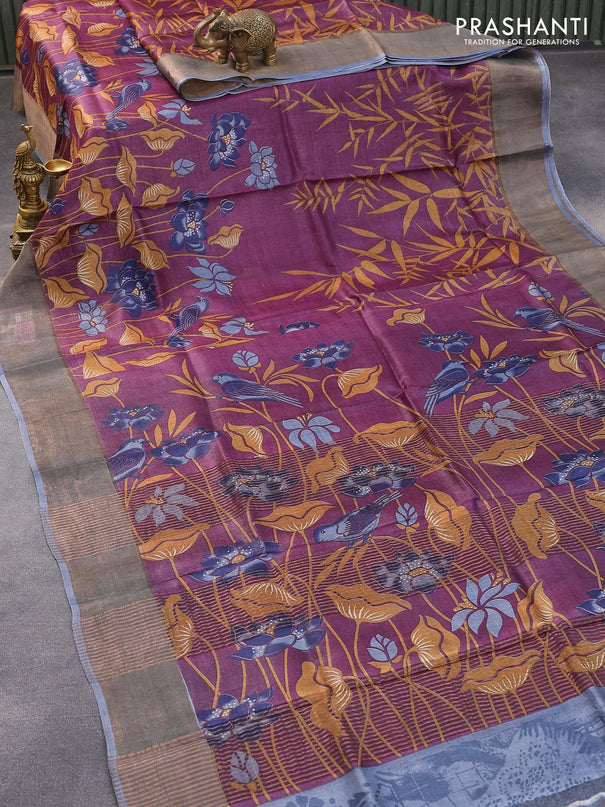 Pure tussar silk saree wine shade and grey with allover prints and zari woven border