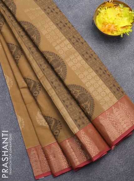 Nithyam cotton saree dark sandal and maroon with thread & zari woven buttas and zari woven border