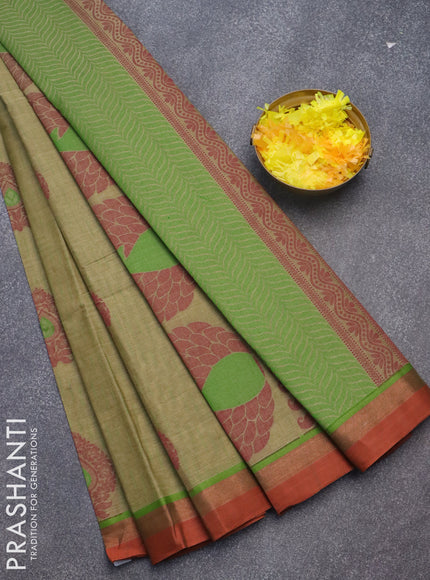 Nithyam cotton saree mehendi green and rustic orange with allover thread weaves and zari woven simple border