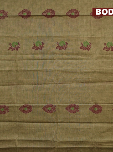 Nithyam cotton saree mehendi green and rustic orange with allover thread weaves and zari woven simple border