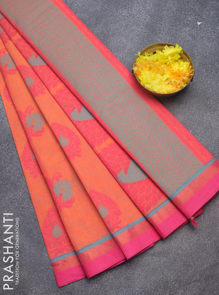 Nithyam cotton saree dual shade of orange and pink with allover thread weaves and zari woven simple border