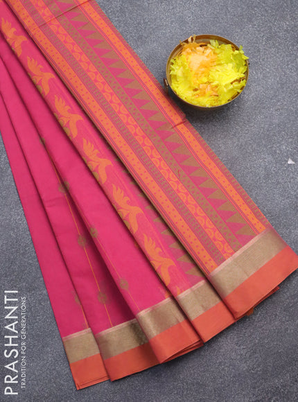 Nithyam cotton saree pink and rustic orange with allover thread weaves and zari woven simple border