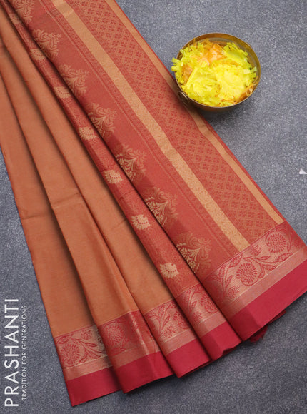 Nithyam cotton saree rust shade and maroon with thread woven buttas and zari woven simple border