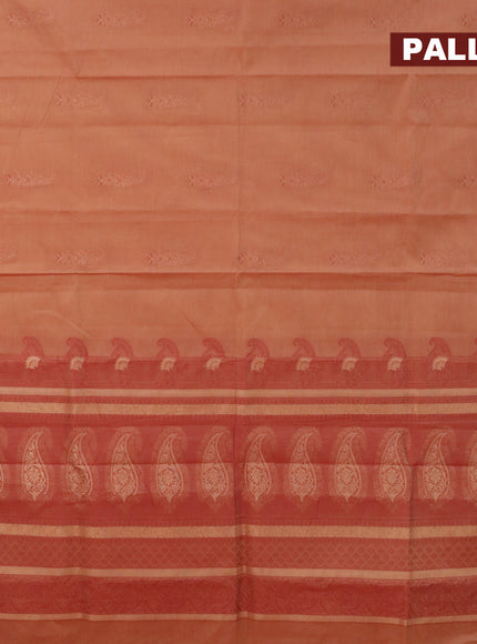 Nithyam cotton saree rust shade and maroon with thread woven buttas and zari woven simple border