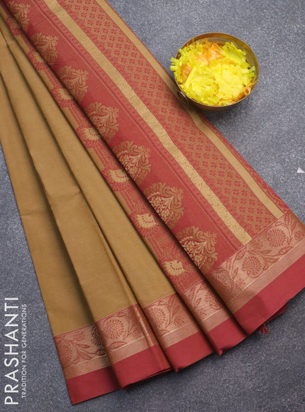 Nithyam cotton saree sandal and maroon with thread woven buttas and zari woven simple border