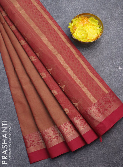 Nithyam cotton saree beige and maroon with thread woven buttas and zari woven simple border