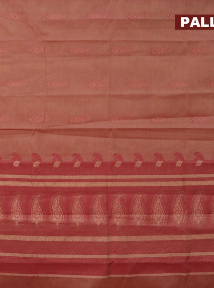 Nithyam cotton saree beige and maroon with thread woven buttas and zari woven simple border