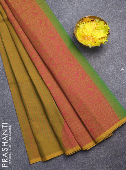 Nithyam cotton saree dual shade of mustard yellow with allover stripes pattern & thread buttas and piping border