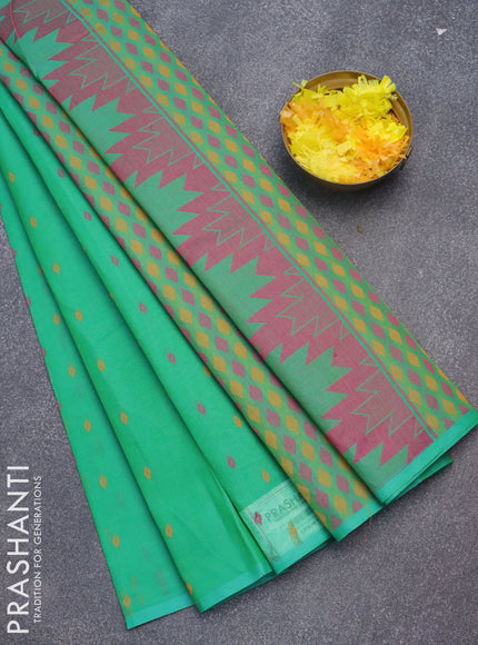 Nithyam cotton saree dual shade of green with geometric thread woven buttas in borderless style