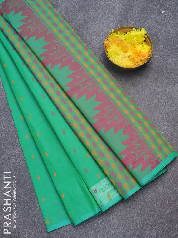 Nithyam cotton saree dual shade of green with geometric thread woven buttas in borderless style